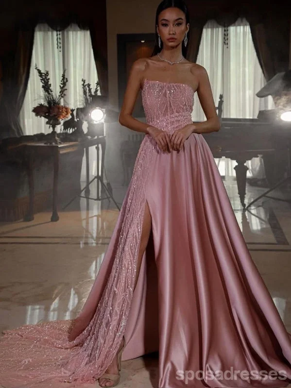Amazing Deals Unique Pink A-line Strapless High Slit Long Prom Dresses Online,13032 Amazing Deals Unique Pink A-line Strapless High Slit Long Prom Dresses Online,13032