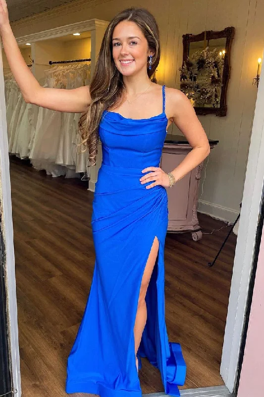 Instant Discount Royal Blue Mermaid Cowl Neck Satin Long Prom Dresses