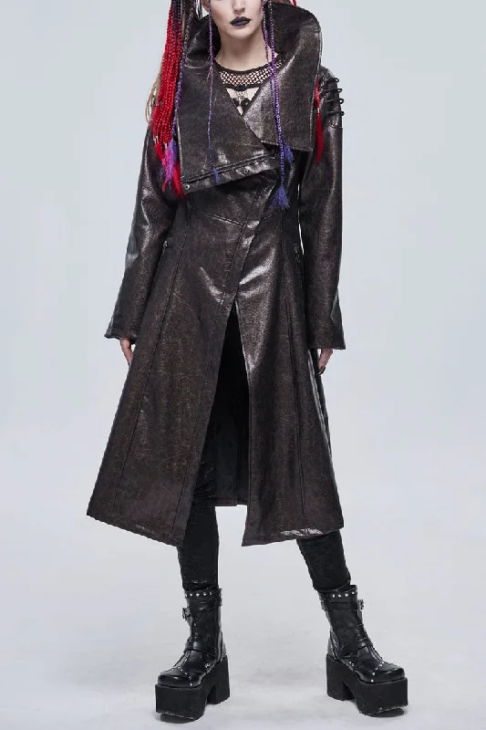 Early Access Brown Large Neckline Design Shoulder String Decoration Long Leather Women's Punk Jacket Early Access Brown Large Neckline Design Shoulder String Decoration Long Leather Women's Punk Jacket