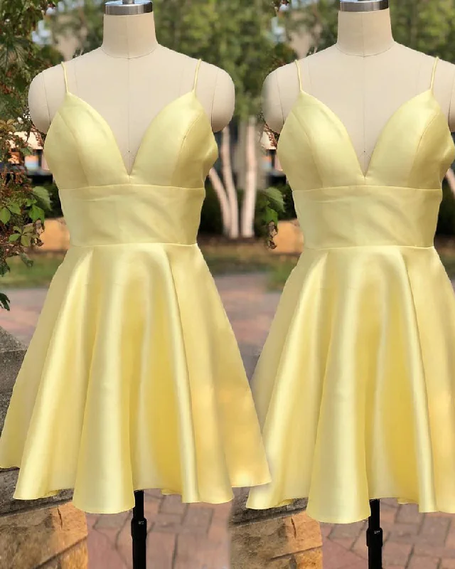 Discount Deals Yellow Satin Short Graduation Prom Dress ,Spaghetti Straps Homecoming Dress 2020 SP0717 Discount Deals Yellow Satin Short Graduation Prom Dress ,Spaghetti Straps Homecoming Dress 2020 SP0717