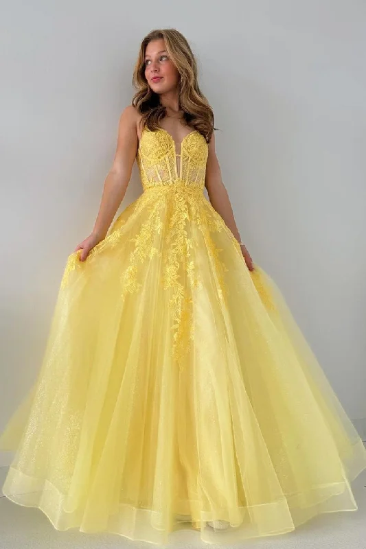 Discount Days Yellow Spaghetti Straps Tulle Long Prom Dresses with Appliques