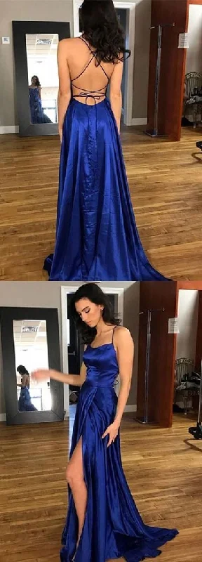 Seasonal Sale open back side slit royal blue long prom dress, PD5893