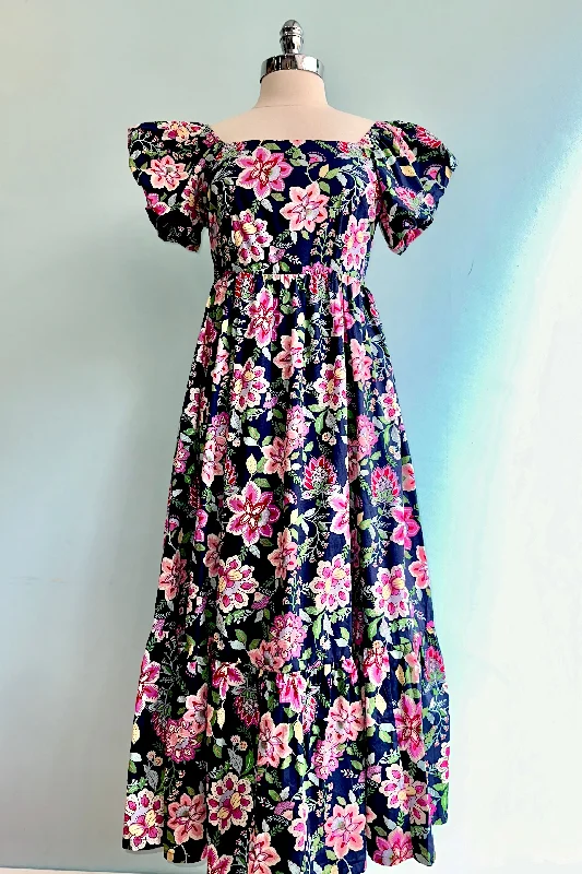 Big Discounts Navy and Pink Puff Sleeve Empire Midi Dress