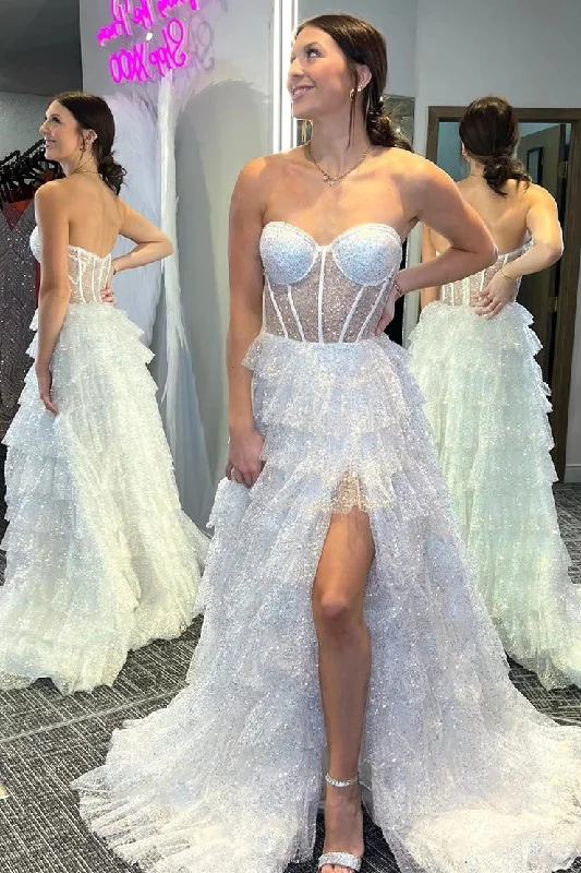 Closeout White Strapless Tulle Ruffle Glitter Long Prom Dresses