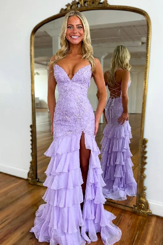 Crazy Deals Lavender Chiffon Mermaid V Neck Tiered Cute Prom Dress with Appliques