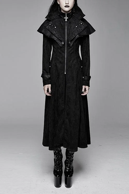 YEAR-End Clearance Black Hand Embroidered Big Shawl Collar Zipper Up Long Womens Gothic Coat