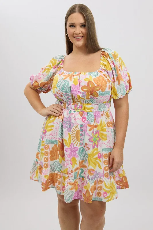Price Rollback White Abstract Elastic Waist Puff Sleeve Mini Dress