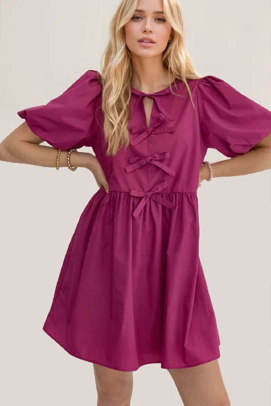 Act Now Bow Ruched Puff Sleeve Mini Dress