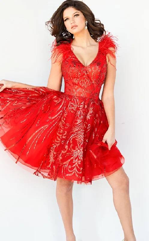 Online Only Jovani 09466 Short Fit & Flare Red Feather Cocktail Dress Formal Glitter V Neck Gown Online Only Jovani 09466 Short Fit & Flare Red Feather Cocktail Dress Formal Glitter V Neck Gown