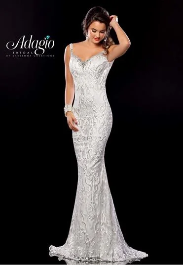 Exclusive Savings Adagio Bridal 9289 Size 12 Long Fitted Lace V Neck Wedding Dress Embellished