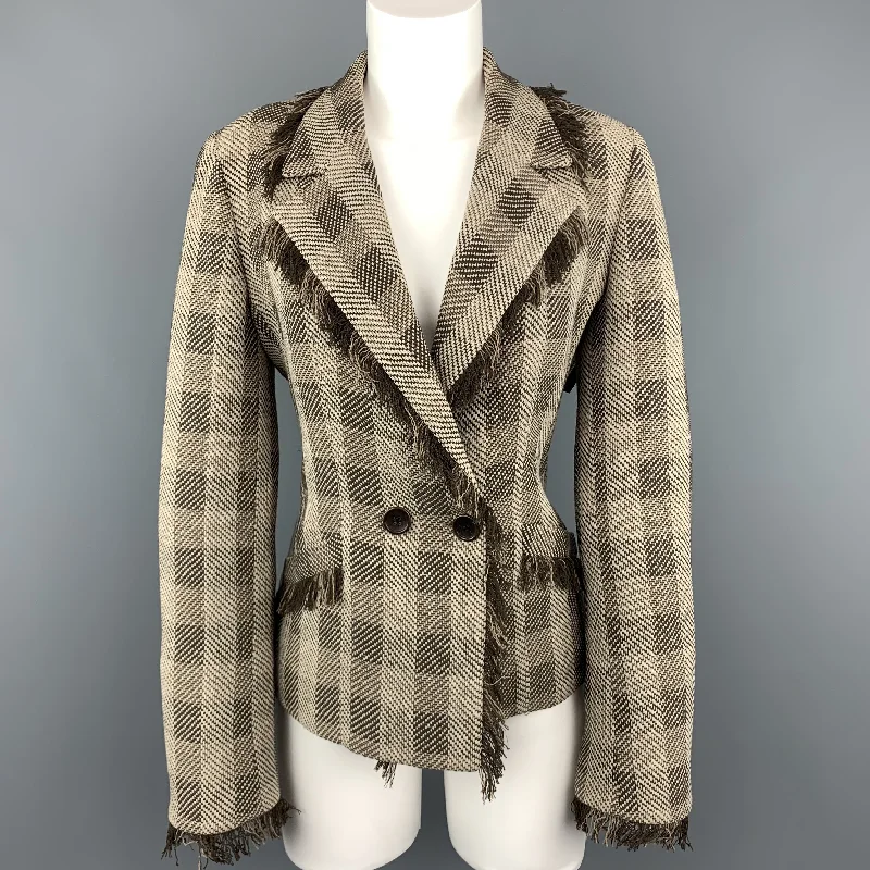 Loyalty Reward ARMANI COLLEZIONI Size 8 Taupe & Brown Plaid  Fringe Trim Jacket