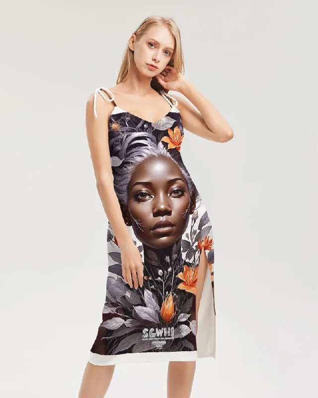 Don't Miss Beautiful black silver grey hair blossom women Women's All-Over Print Tie Strap Split Dress Don't Miss Beautiful black silver grey hair blossom women Women's All-Over Print Tie Strap Split Dress
