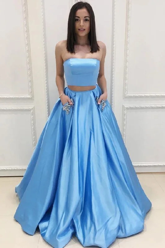 Factory Direct Sale strapless two pieces blue satin A-line long prom dress, PD41512 Factory Direct Sale strapless two pieces blue satin A-line long prom dress, PD41512