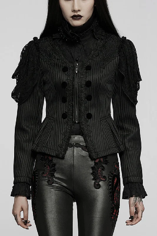 Shop and Save Black Gothic Lace Jacquard Double Row Velvet Button Metal Zip Back Lace Up Women's Jacket