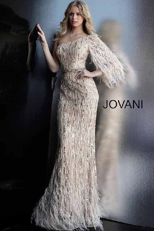 Big Discounts Jovani 63342 Gold one shoulder feather detail evening dress