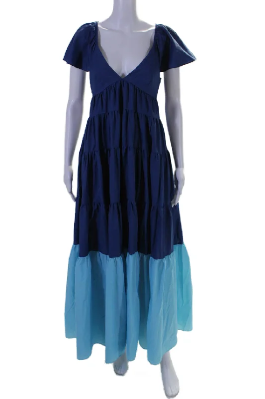 Buy Now Staud Womens V Neck Short Sleeves A Line Sun Dress Blue