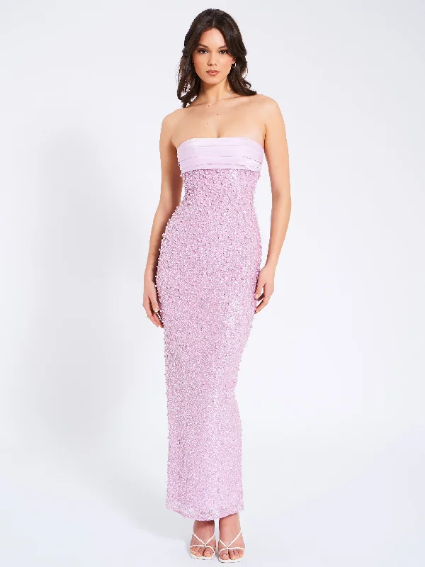 Price Drop Lainey Purple Satin Sequin Pearls Beaded Maxi Dress