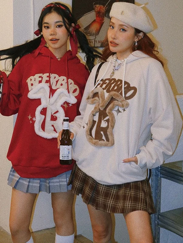 Lowest Price BEERBRO BUNNY Embroidery Long Sleeve Solid Color Hoodie