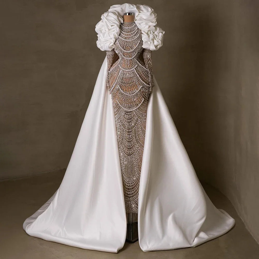 Anniversary Sale Serene Hill Customized Arabia White Nude Pearls Beaded Mermaid Long Cloak Dubai Evening Dress for Formal Occasion LA72091C