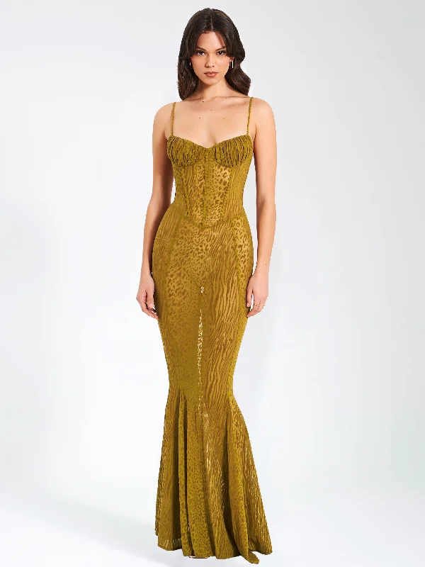 Discount Deals Ulani Gold Burnout Velvet Detail Mesh Maxi Dress