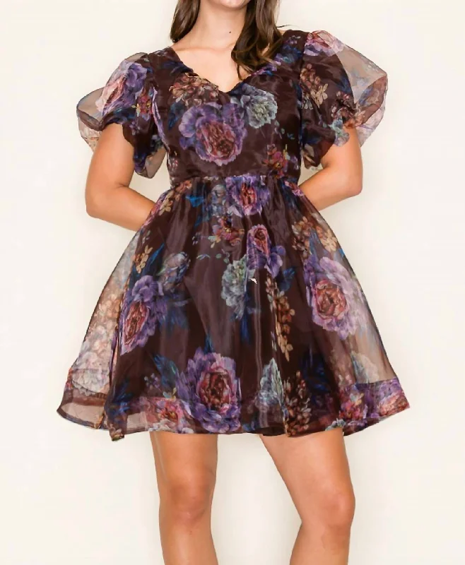 Special Savings Floral Party Dress In Brown/purple/sage