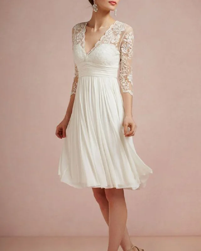 Overstock Vintage Pleats Summer Chiffon Lace Sexy V Neck 3/4 Sleeves Short Wedding Dress ,Bridal Wedding Party Dresses WD1027 Overstock Vintage Pleats Summer Chiffon Lace Sexy V Neck 3/4 Sleeves Short Wedding Dress ,Bridal Wedding Party Dresses WD1027
