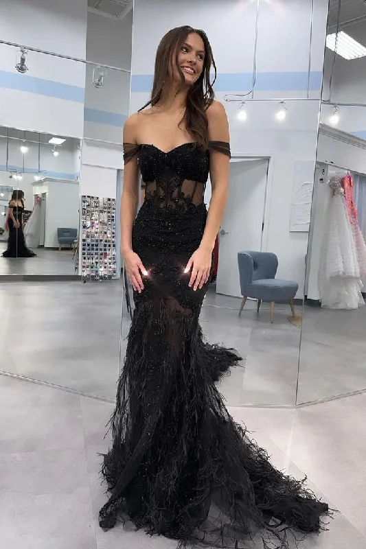 Daily Deals Black Mermaid Off the Shoulder Long Prom Dresses with Feather
