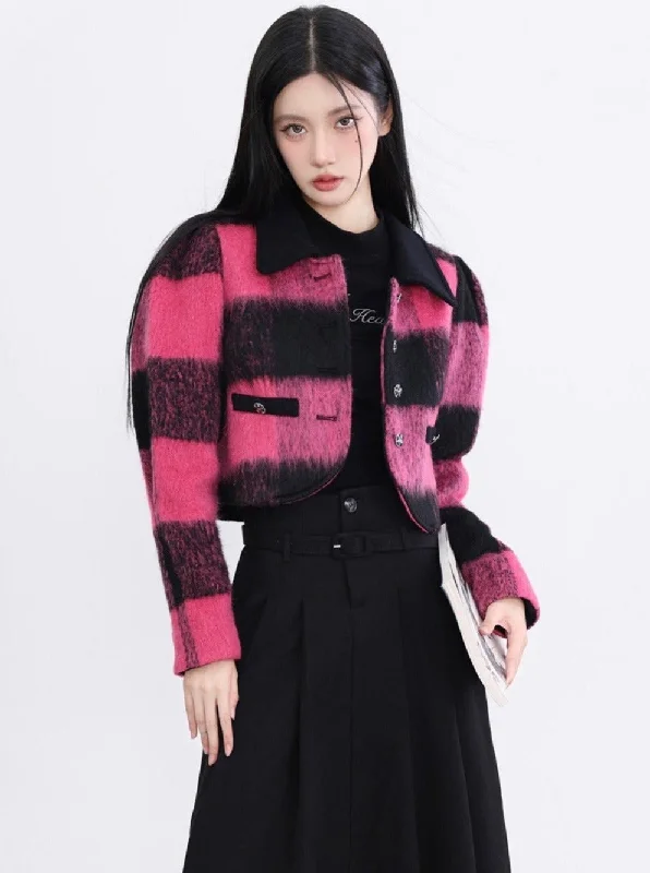 Super Bargain Bold Buffalo Plaid Cropped Jacket: Pink and Black Fuzzy Wool Blend with Contrast Collar Super Bargain Bold Buffalo Plaid Cropped Jacket: Pink and Black Fuzzy Wool Blend with Contrast Collar
