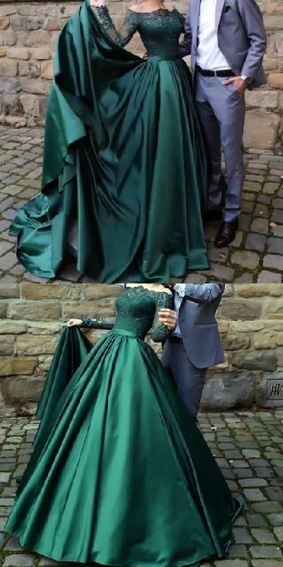 Bargain Bin off shoulder modest long sleeves dark green prom dress, PD0841
