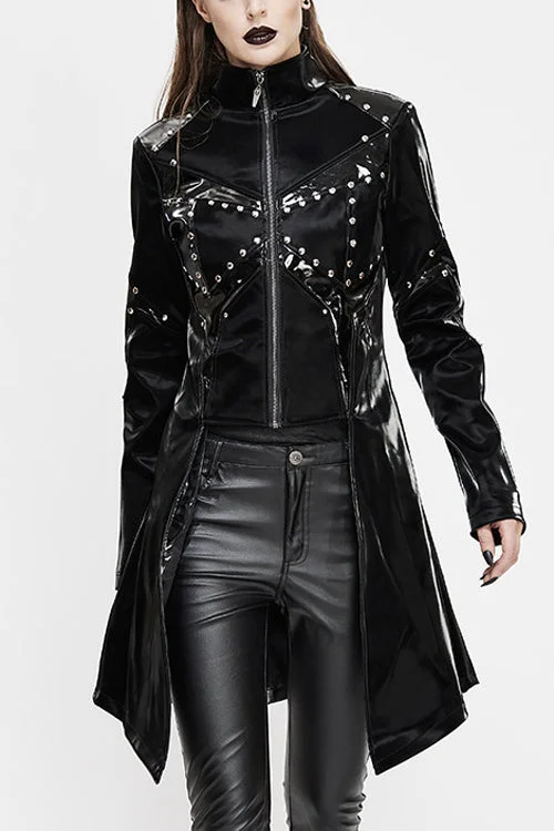 Markdowns Black Rivet Bright Leather Zipper Long Womens Punk Coat