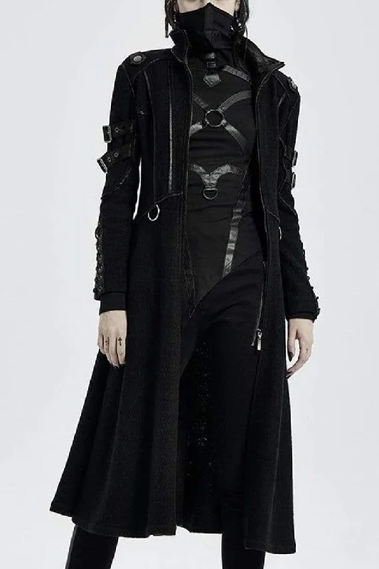 Price Cut Black Punk Stand Up Collar Metal Buckle Crack Leather Strap Decoration Lace Up Cuff Woolen Women's Coat Price Cut Black Punk Stand Up Collar Metal Buckle Crack Leather Strap Decoration Lace Up Cuff Woolen Women's Coat