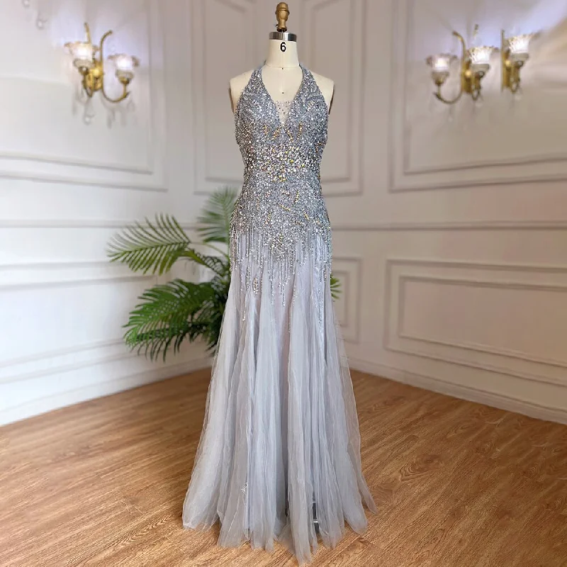 Savings Galore Serene Hill Grey Floor Length Mermaid Sexy Halter Crystal Tassel Beaded Arabic Evening Dresses 2024 Gowns For Woman LA6151