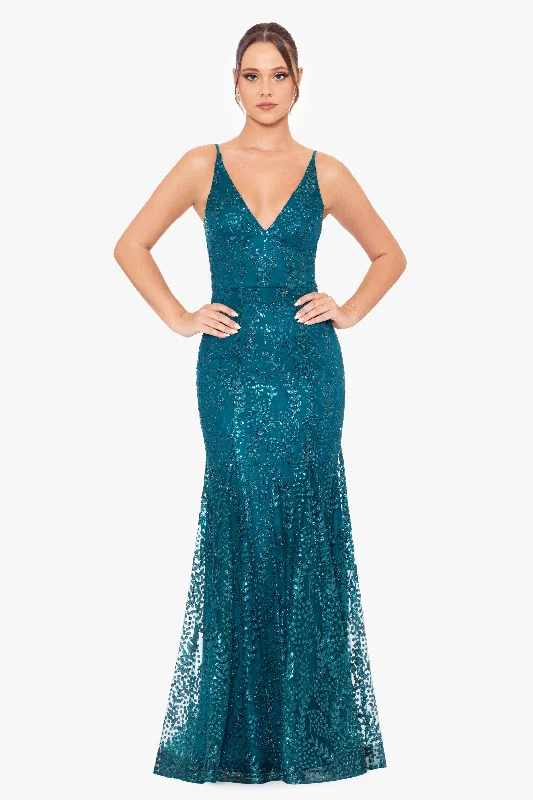 Markdowns "Jocelyn" Long Glitter Mesh V-Neck Dress
