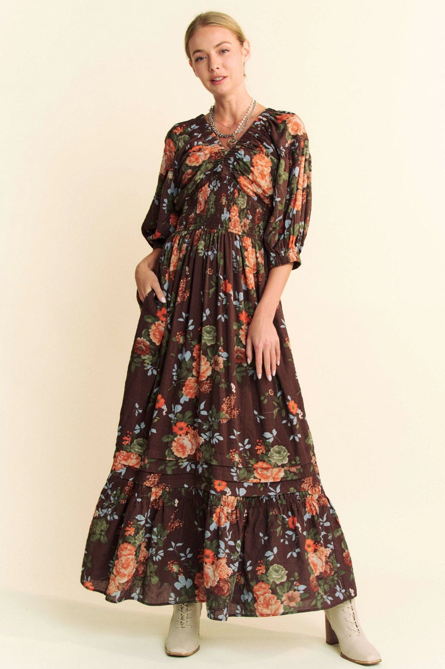 Flash Sale Brown Floral Smocked Maxi Dress