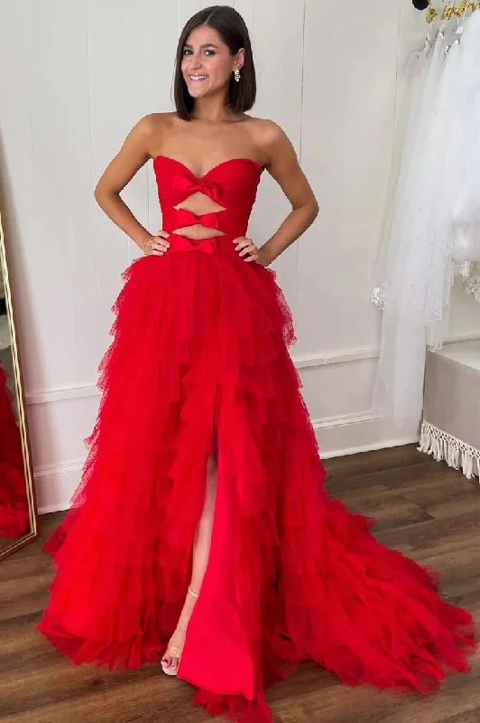 Friends and Family Sale Red A - Line Sweetheart Ruffle Tulle Long Prom Dresses
