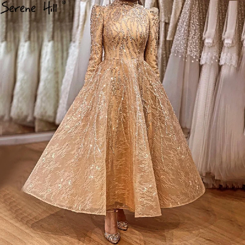 Deal Dash Serene Hill Muslim Gold Sparkle  Ankle Length  Beading  Evening Dresses Gowns 2024  A-Line For Women Party LA70996