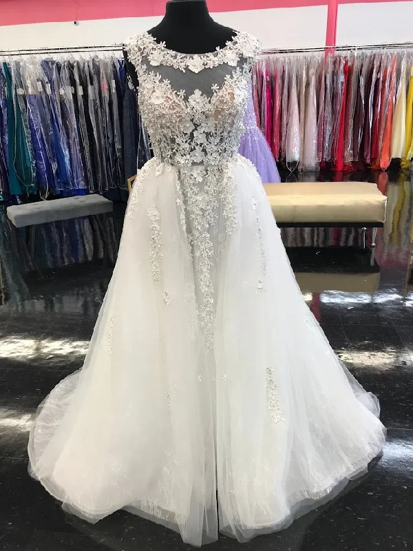 Limited Availability Johnathan Kayne Bridal B105 Size 10 Flower Lace Bridal Gown Overskirt Wedding  Dress High Neck