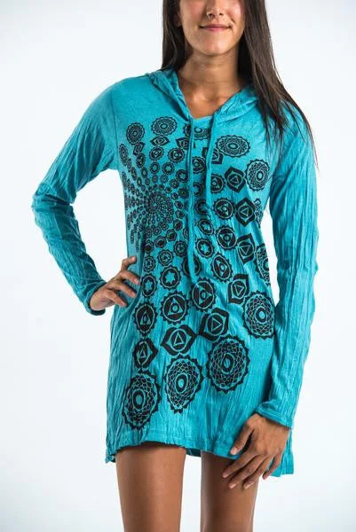 Fantastic Offers Sure Design Women's Chakra Fractal Hoodie Dress Turquoise