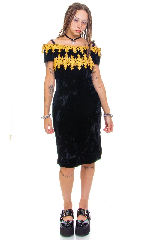 Sneak Peek Sale Vintage 80's Velvet & Gold Dress - S/M