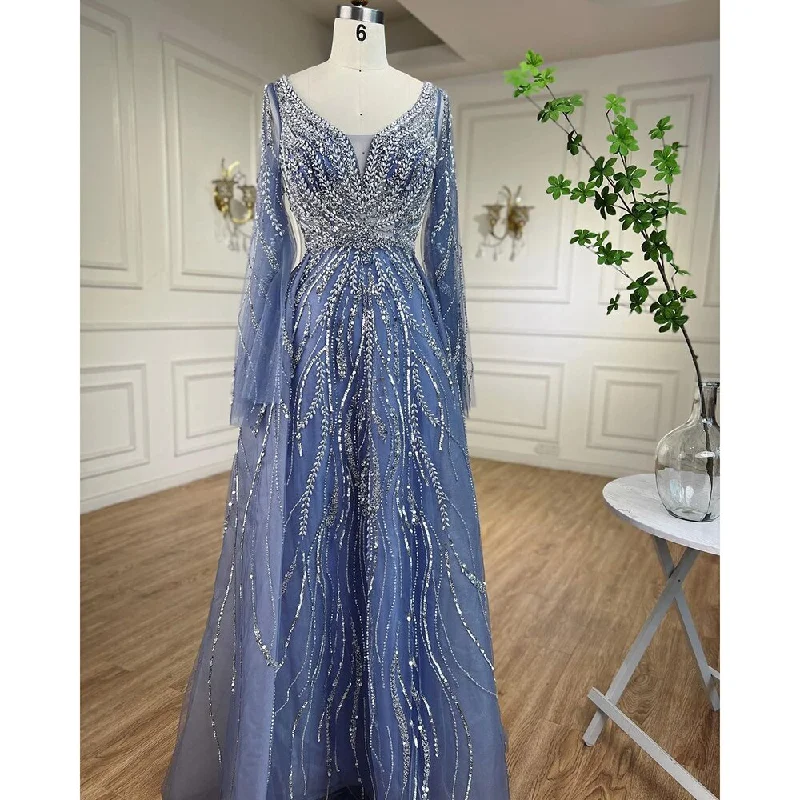 Discount Deals Serene Hill Arabic Blue A Line Beaded Evening Dresses Long 2024 Celebrity Gowns For Women Wedding Party LA72099