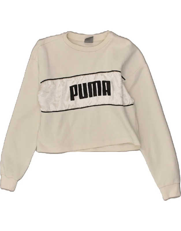 One-DAY Sale PUMA Womens Graphic Crop Sweatshirt Jumper UK 12 Medium Off White Cotton