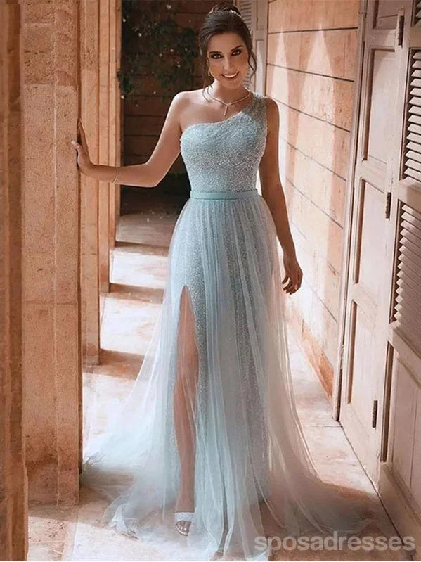 Great Deals Sky Blue A-line One Shoulder High Slit Cheap Long Prom Dresses,12974