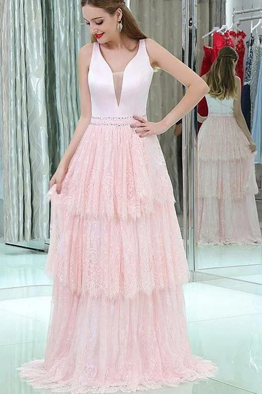 Flash Sale V-Neck Sleeveless Lace Long Pink Prom Dresses With Beading Tiered, Evening Dress,BS09 Flash Sale V-Neck Sleeveless Lace Long Pink Prom Dresses With Beading Tiered, Evening Dress,BS09