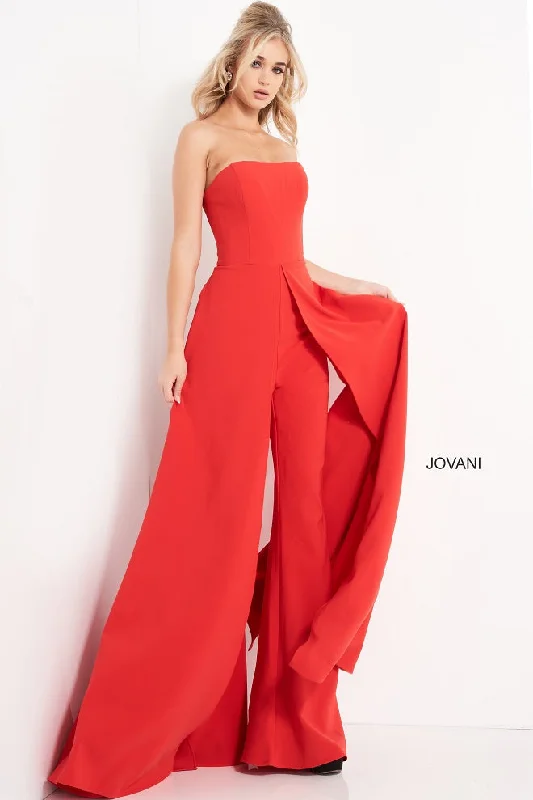 Instant Savings Jovani 03529 Red Jumpsuit Wide Leg Side Overlays Strapless Straight Neckline Instant Savings Jovani 03529 Red Jumpsuit Wide Leg Side Overlays Strapless Straight Neckline