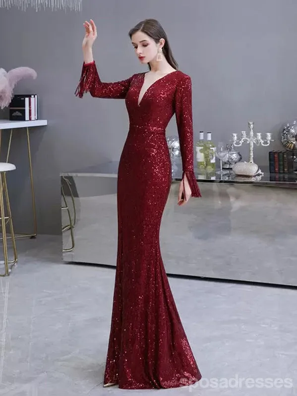 Today Only Burgundy Mermaid Long Sleeves V-neck Cheap Prom Dresses Online,12950