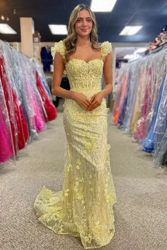 Weekend Deal Yellow Lace Sweetheart Sequins Long Prom Dresses