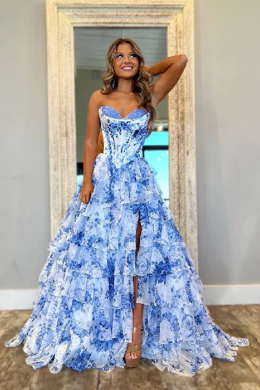 Extra Savings Cute A Line Sweetheart Blue White Floral Printed Chiffon Tiered Prom Dress with Slit