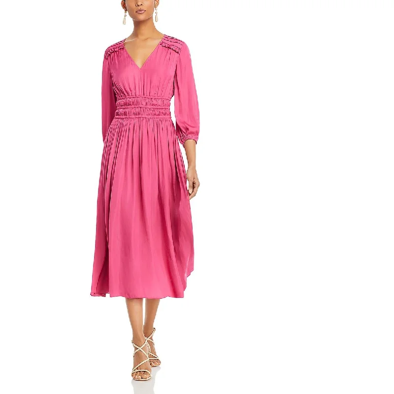 Referral Discount Womens V-Neck Ruffled Midi Dress