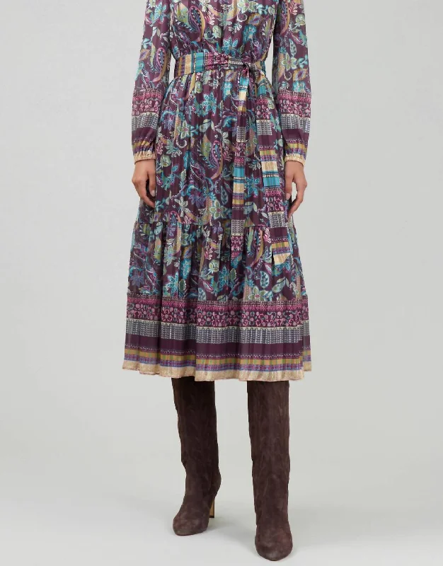 Unmissable Offer Belted Print Midi Dress In Plum Multi