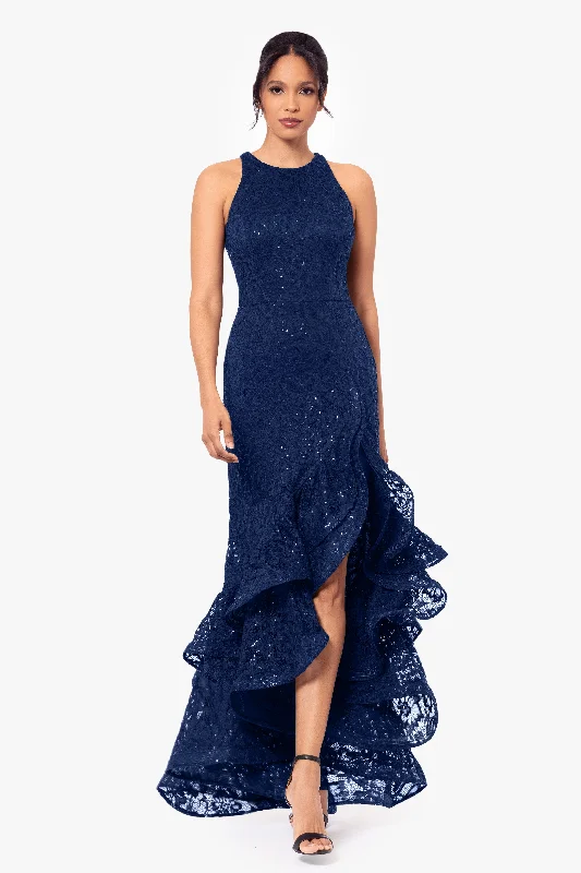 Bargain Prices "Laurel" Sequin Lace Ruffle Slit Gown